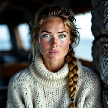 Ingrid Halvorsen, a Norwegian lighthouse keeper in a cream fisherman's sweater, inside the lighthouse with the sea behind her