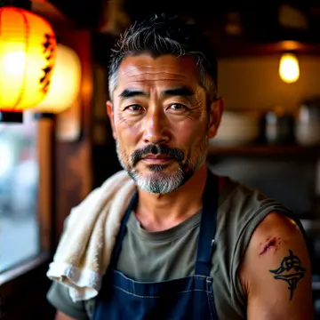 Kaito Mori, a greying Japanese ramen chef in an apron behind the counter of his shop