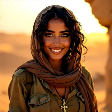 Layla Hassan, an Egyptian archaeologist smiling in a headscarf at golden hour in the desert
