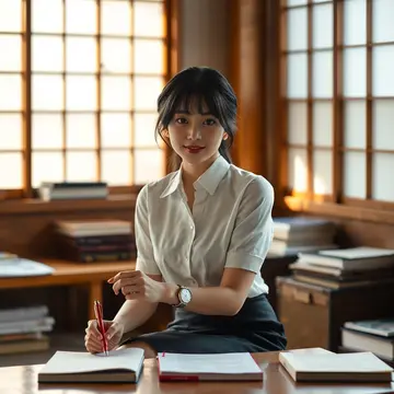 Nanako Ishikawa, a Japanese language teacher at a low table in a sunlit Kyoto classroom